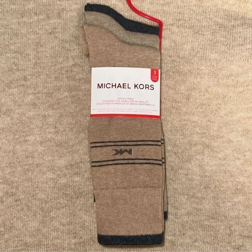 MK Men’s 3 pack Taupe Heather Gray Tan Ivory Cotton Blend Dress Crew Socks